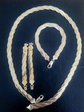 925 Sterling Italy Woven Flat Braded Herringbone Set Neckl 17.5",earri 3" Brc 7"